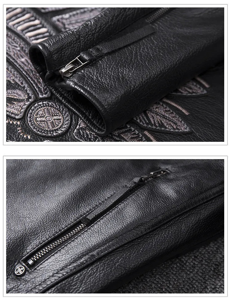 Men's stand collar genuine leather motorcycle jacket with skull pattern in black