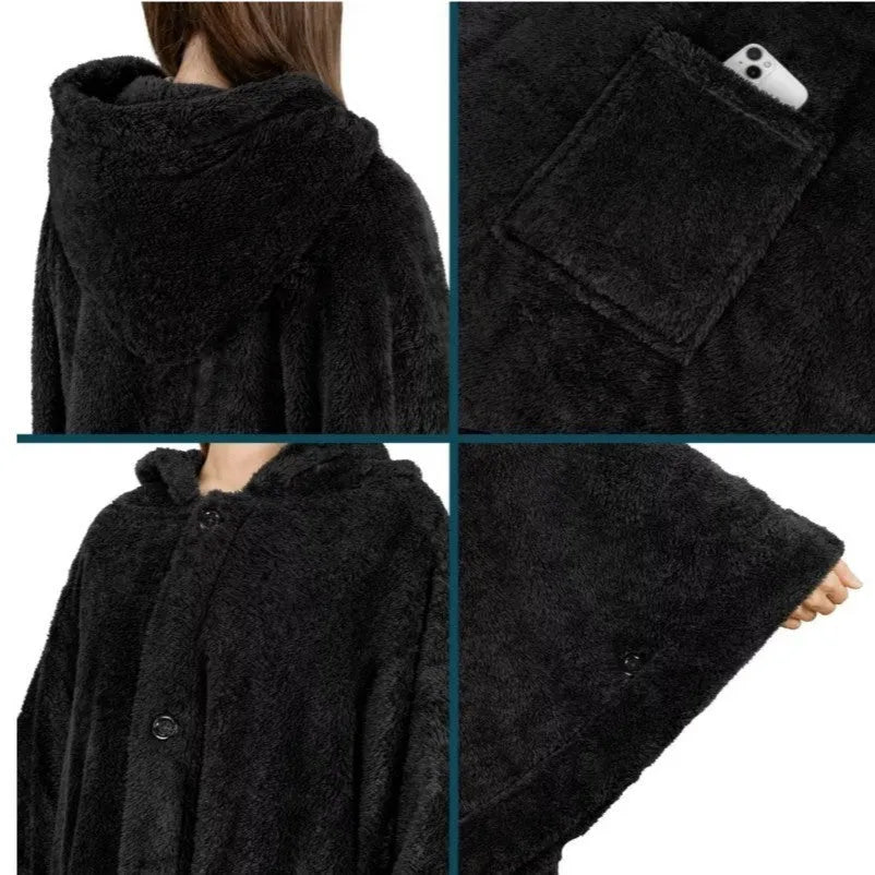 A thick hooded polyester bathrobe in a cardigan style with long sleeves, shown in a solid colour.