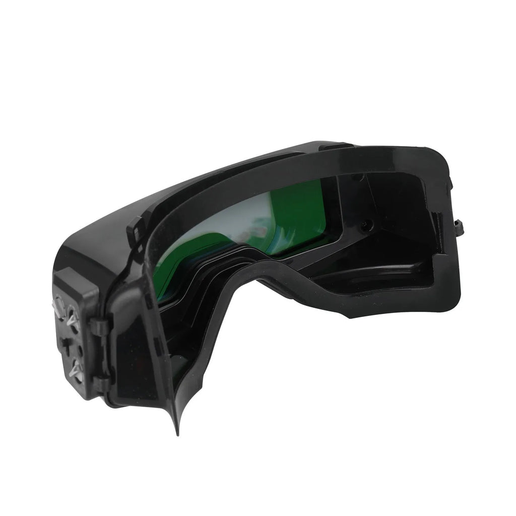 Black automatic darkening welding mask with wide rectangular lens and headband.