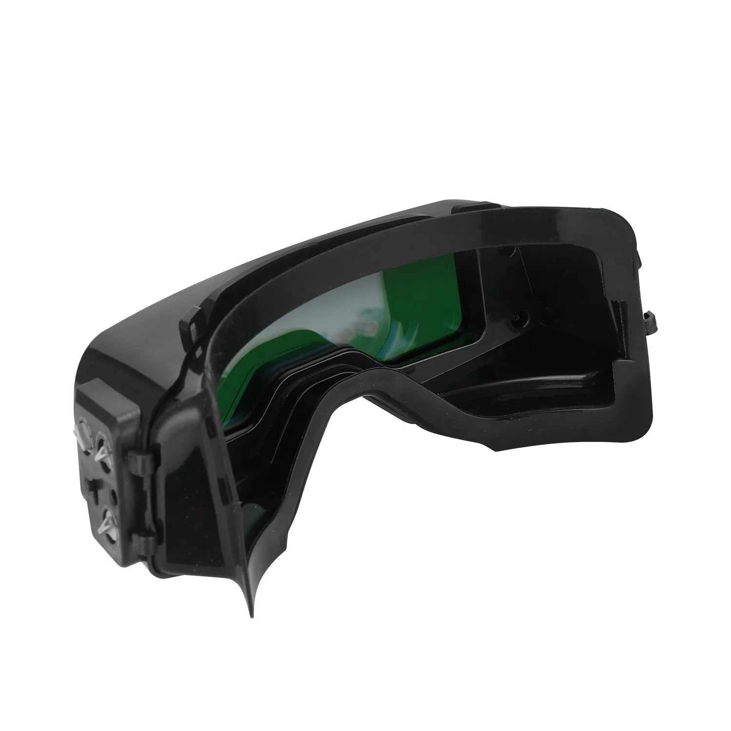 Black automatic darkening welding mask with wide rectangular lens and headband.