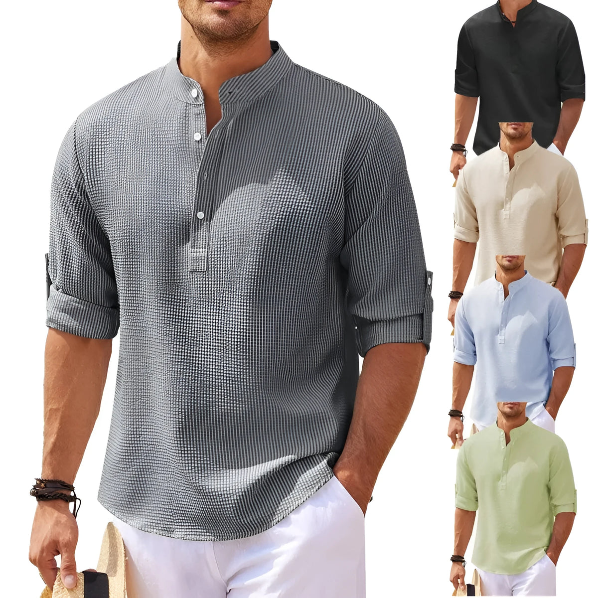 Men's stand collar shirt in pineapple texture polyester fabric, loose fit long sleeve, available in multiple colours