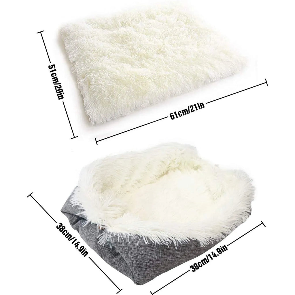 Grey plush pet blanket and bed with raised sides and a black non-slip bottom, shown on a wooden floor.