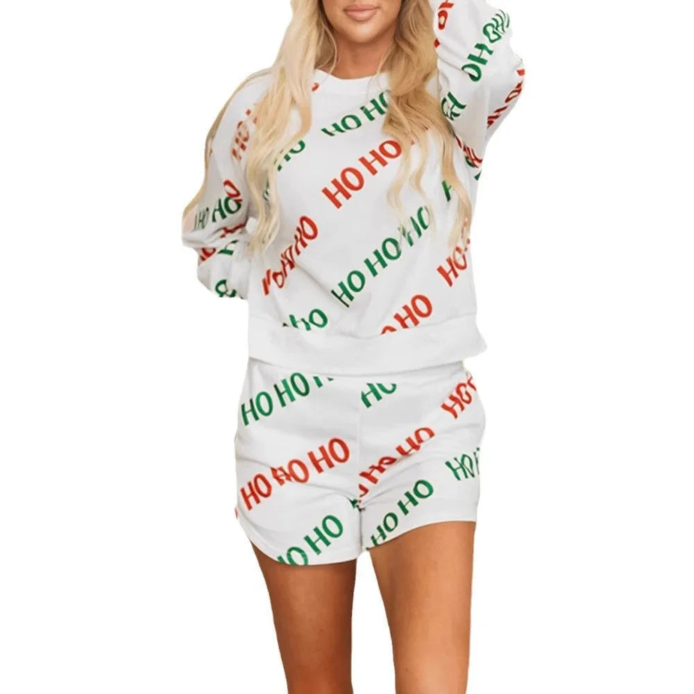 Women's white polyester two-piece suit with printed letter designs and long sleeves