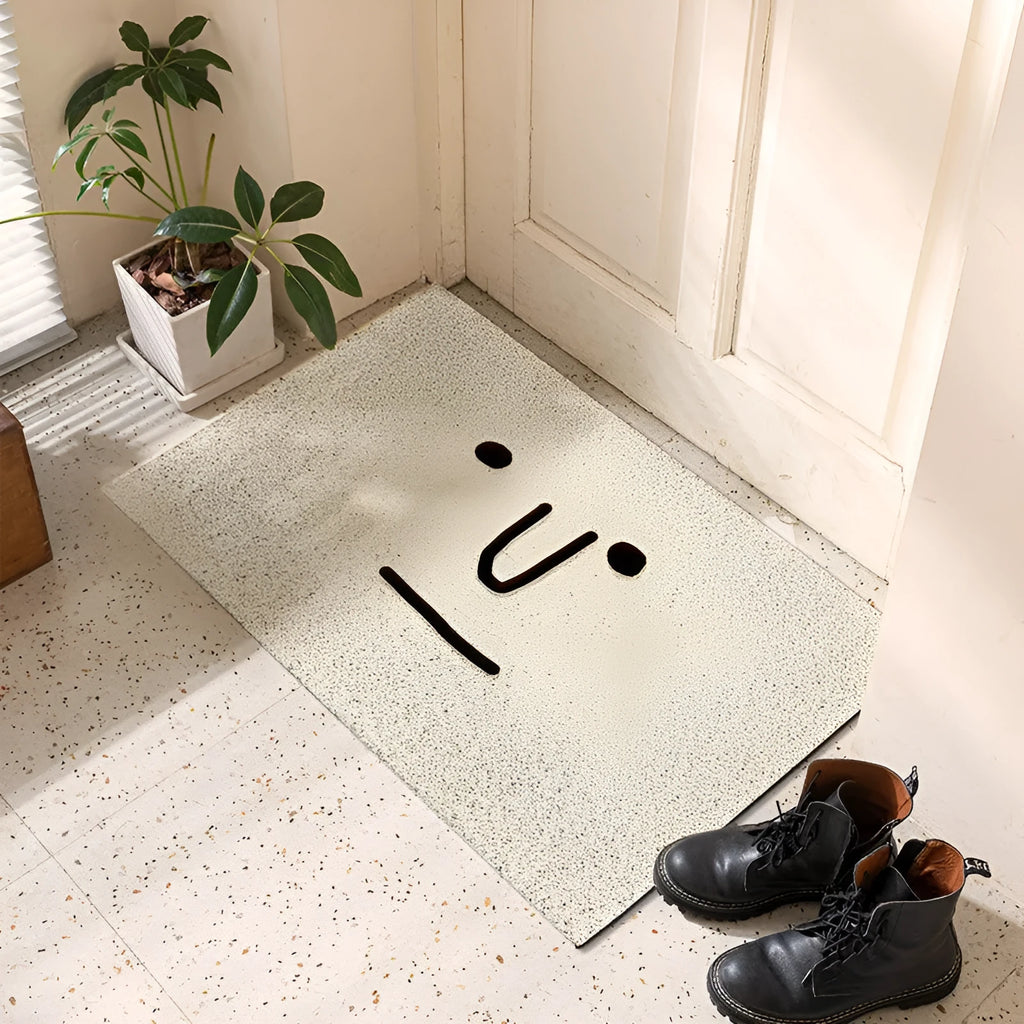 Cartoon Mr Big Nose character design on a square PVC floor mat in geometric colours.