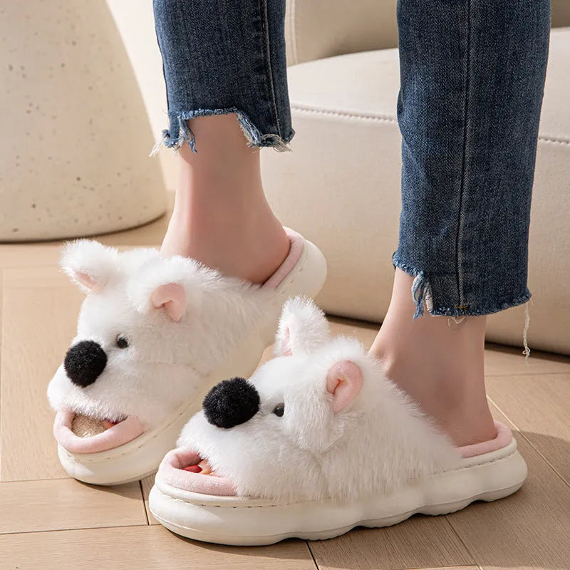 Women's indoor slippers in pink with thick EVA sole, linen fabric upper, and cartoon animal print