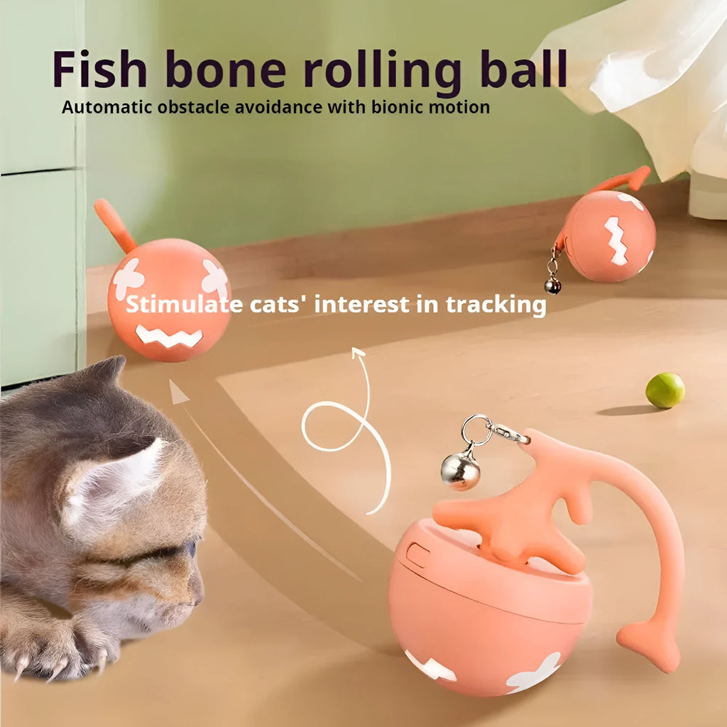 USB electric cat teasing ball with fish bone shaped roller and teasing stick attachment in blue colour