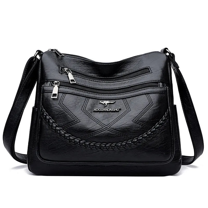 Soft PU leather shoulder bag with zippered compartments in horizontal square shape