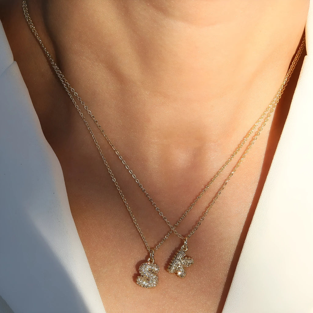 Copper letter necklace and bracelet set with small balloon bubble 2mm micro-inlaid initial and 6 to 7 inch chain