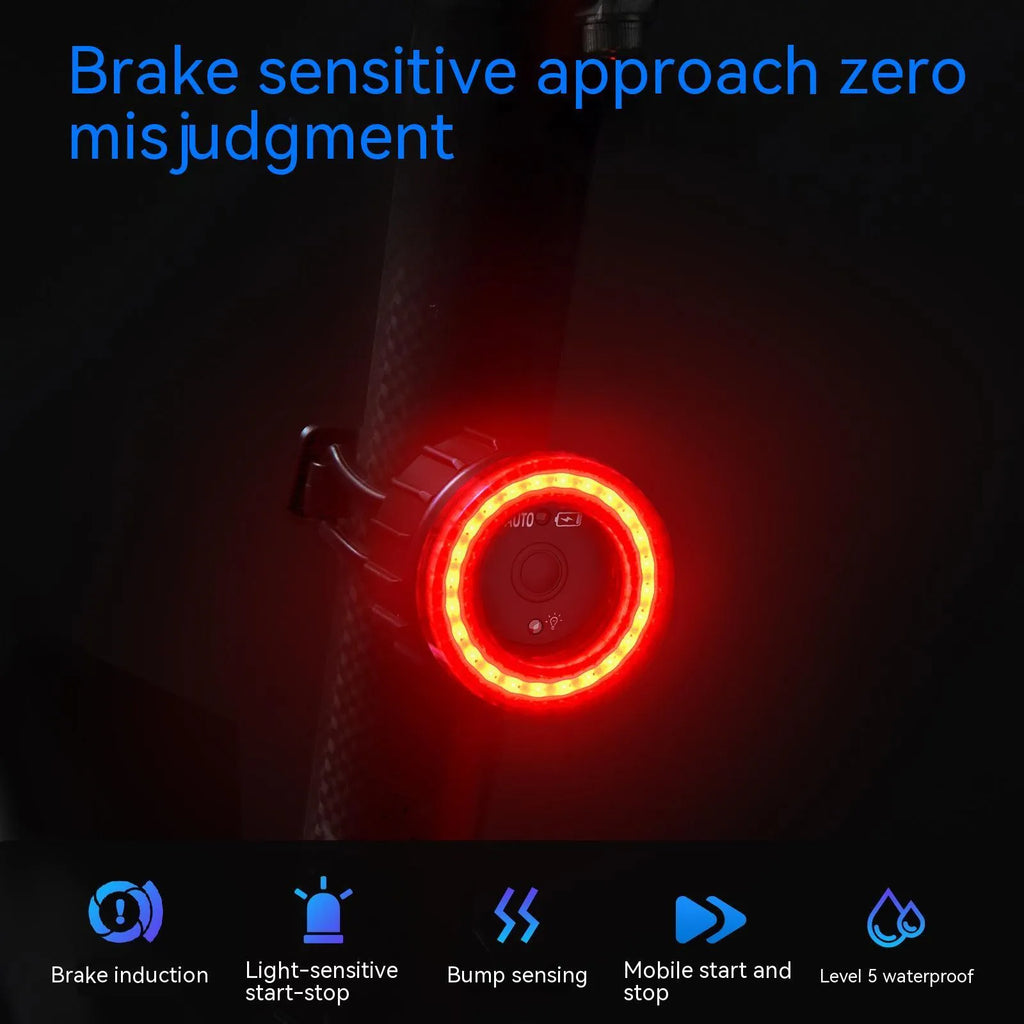 Black intelligent bicycle brake taillight with aluminum alloy frame and seat tube bracket.
