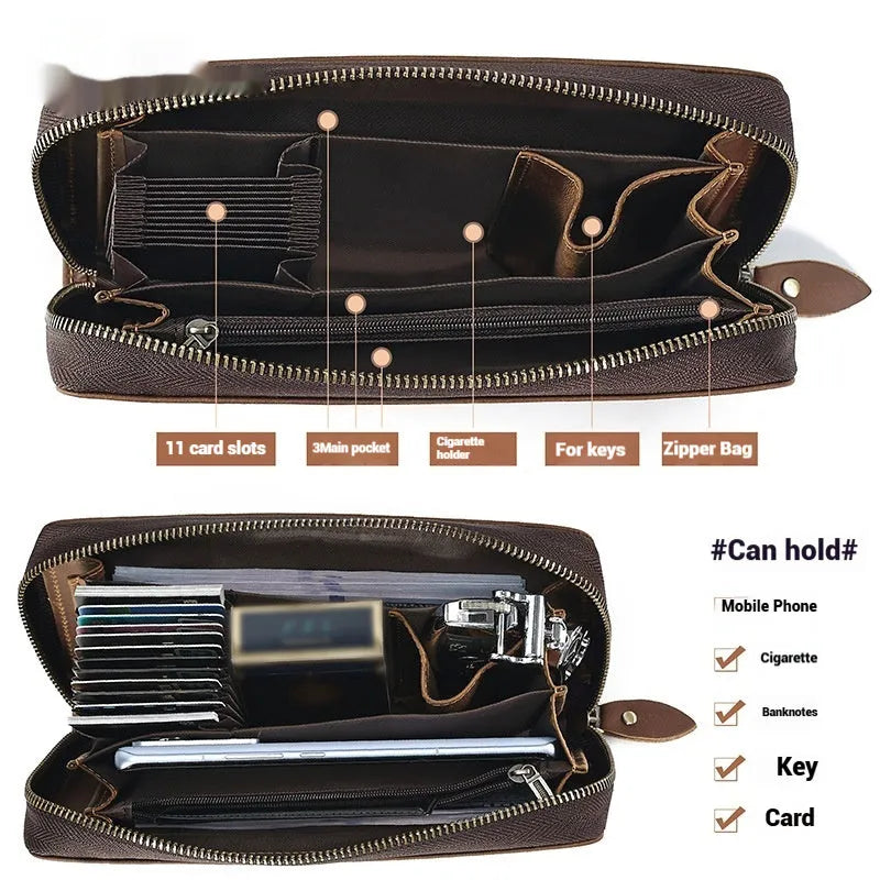 New long genuine leather wallet for men in brown solid colour retro style