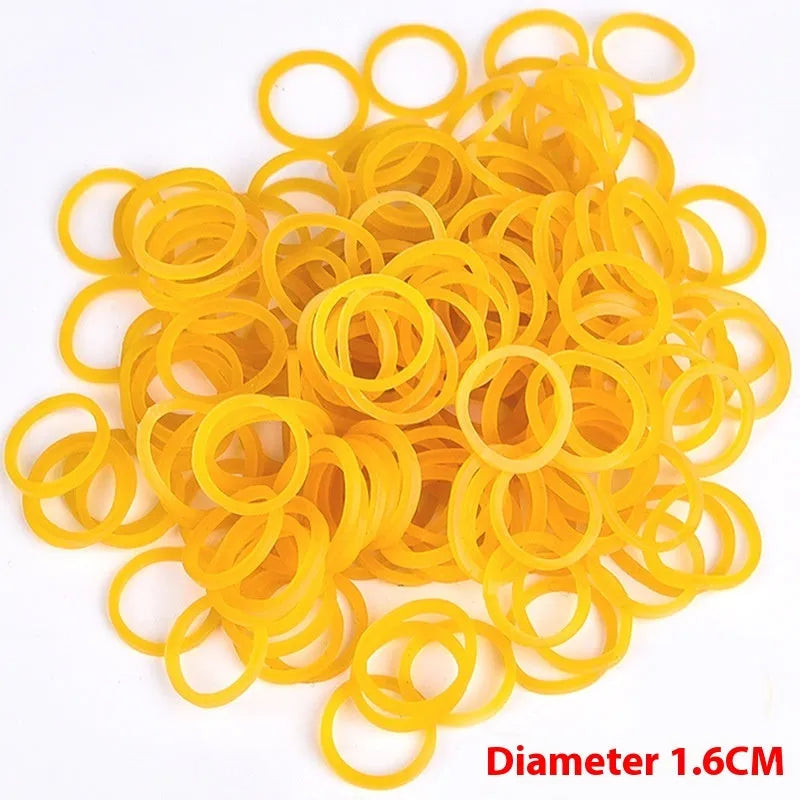 500g bulk pack of yellow rubber bands in various diameters including 25mm and 50mm for office use