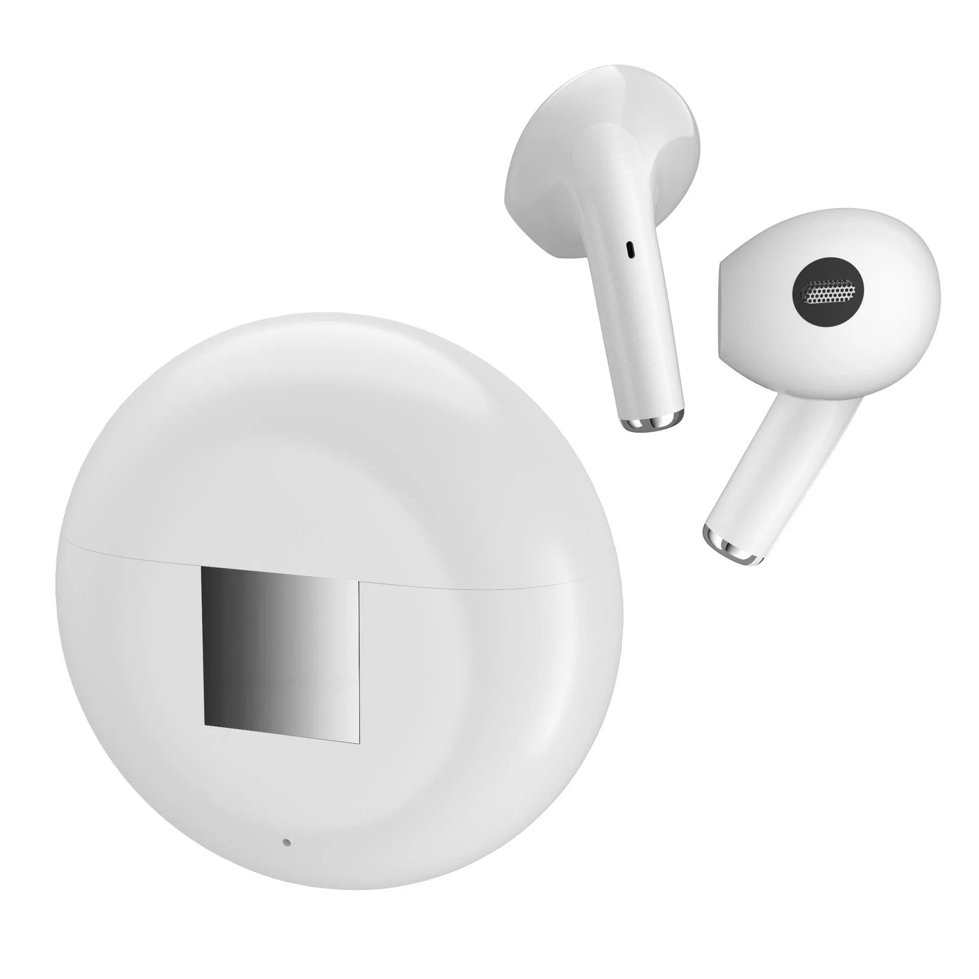 White Budz5 wireless Bluetooth earbuds nestled inside their matching white charging case.