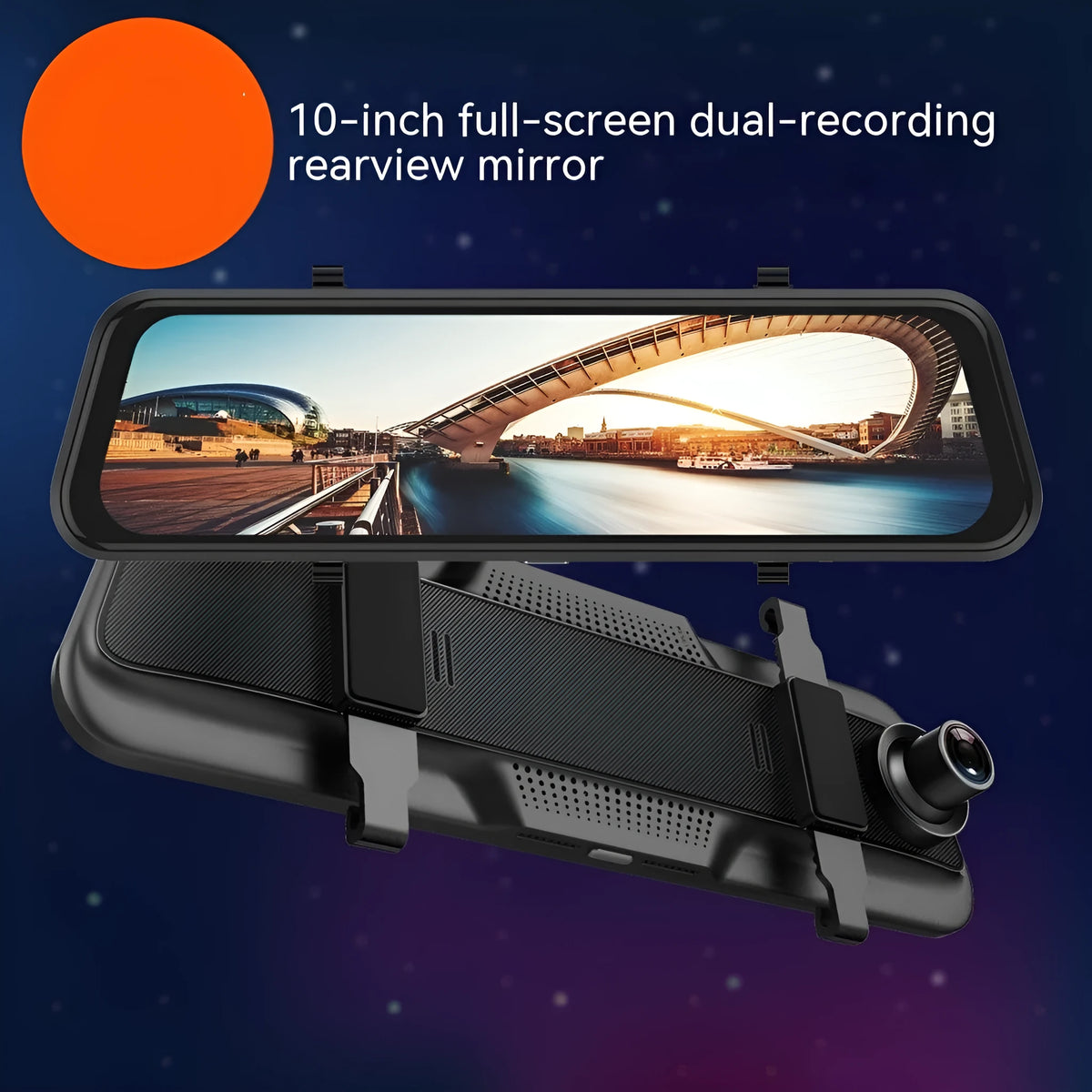 Black 10-inch touchscreen driving recorder rearview mirror with wide-angle lens for vehicle installation