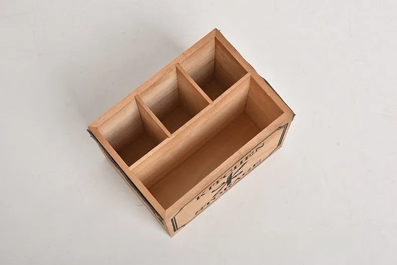 Wooden kitchen storage box with internal divider grids for knives, forks and chopsticks