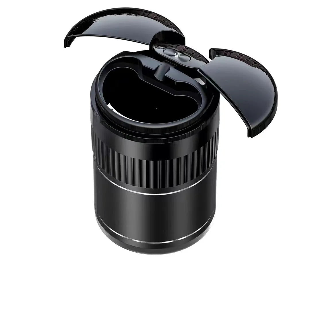 Compact metal smart car ashtray with lid in choice of colours for vehicle and home use.