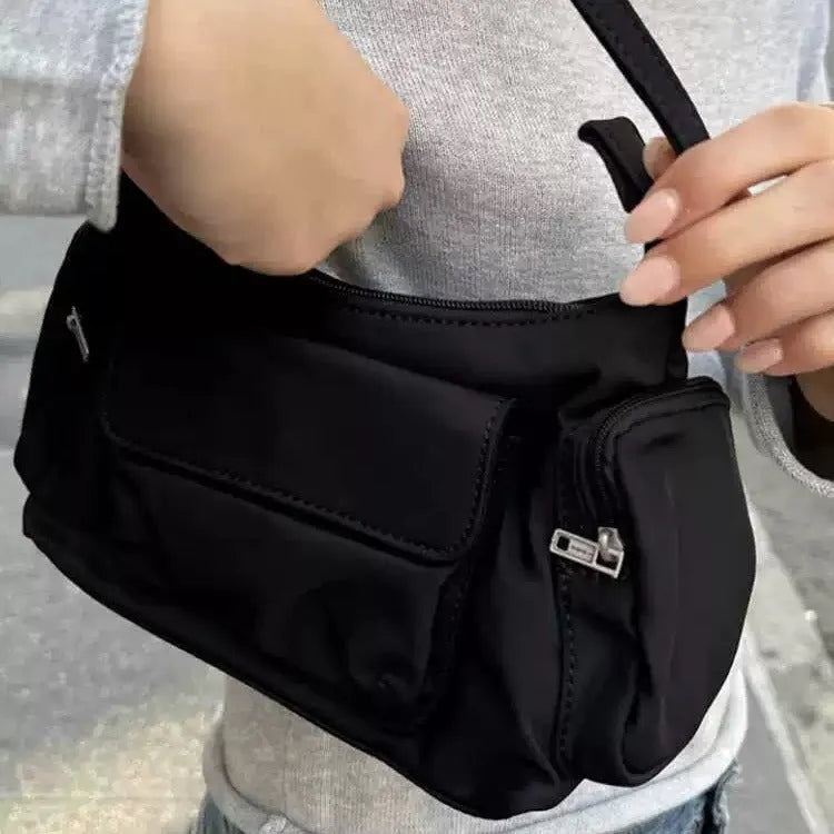 Black PU leather women's shoulder bag with double pockets and side line detailing