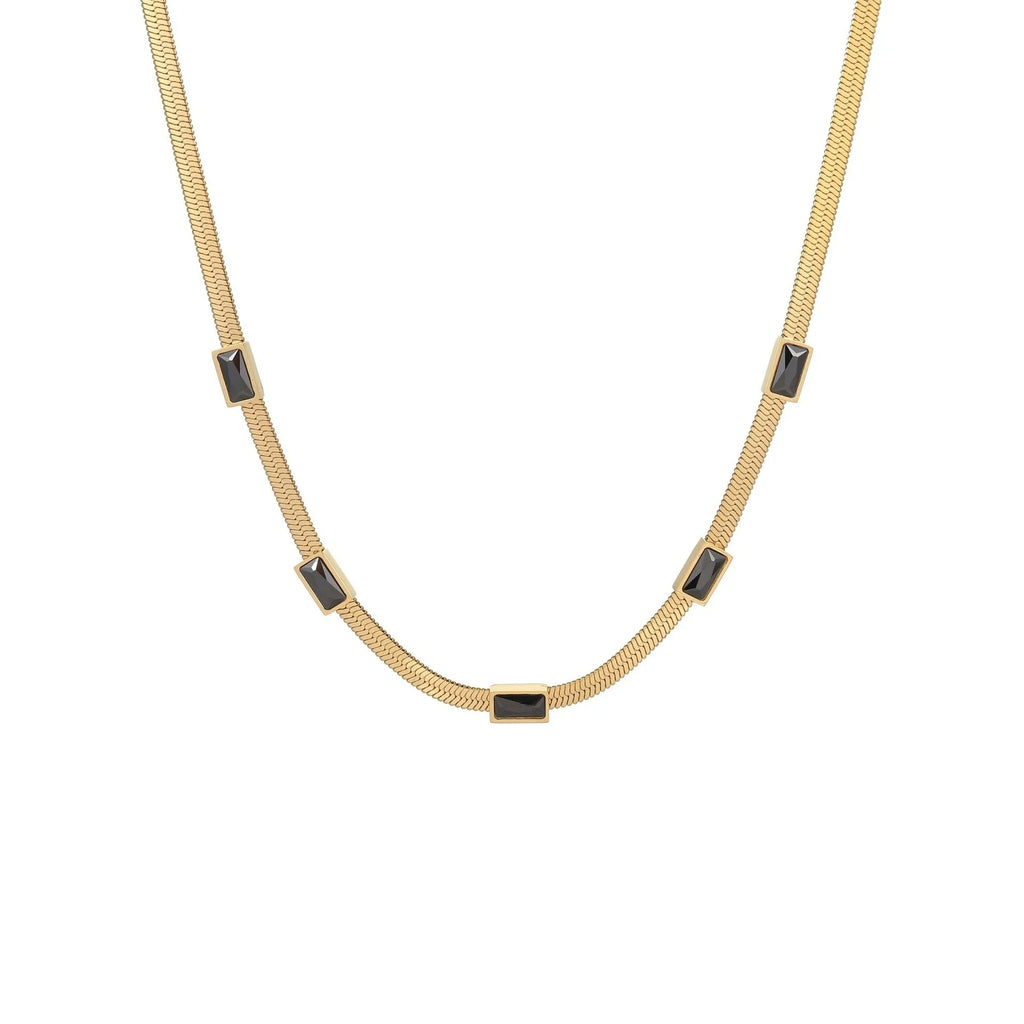 Geometric square zircon pendant on a stainless steel flat snake chain necklace with gold plating.