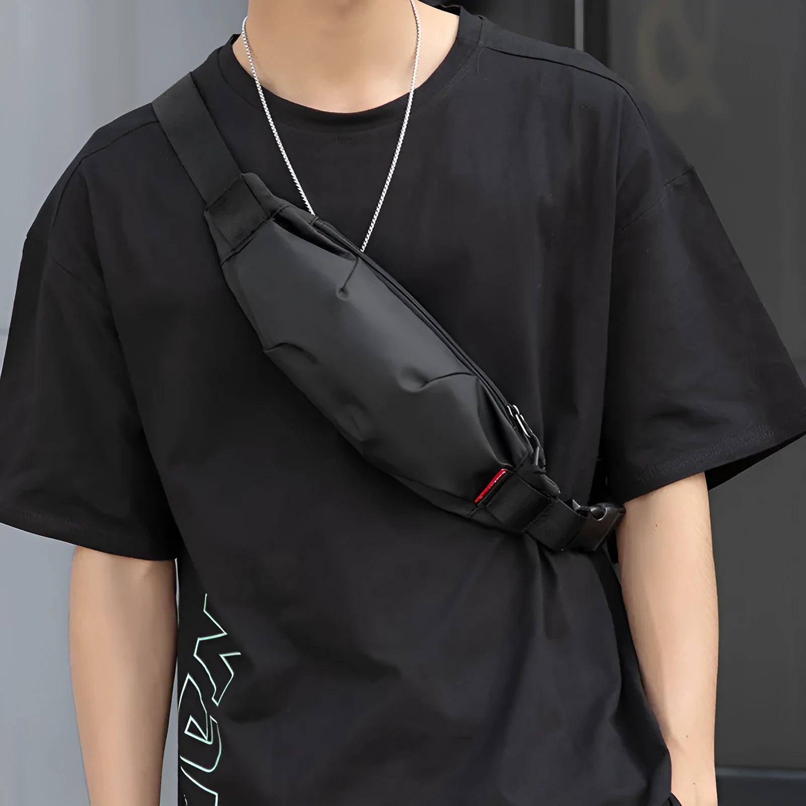 Black Oxford cloth waist pack showing multiple internal pockets including phone and ID compartments