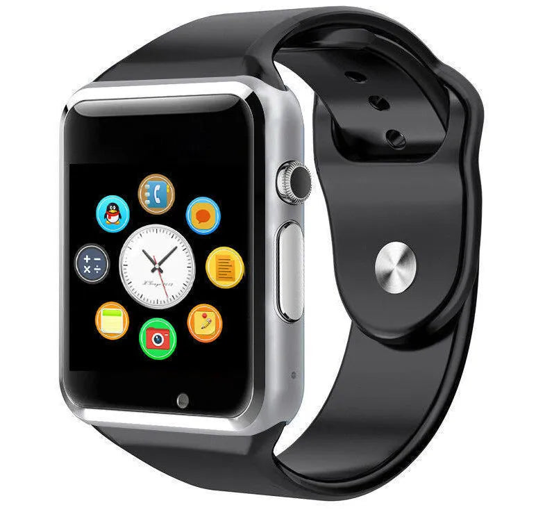 A1 Smart Watch in various colours on wrist, showing 1.54-inch screen, Bluetooth, and GSM SIM features.
