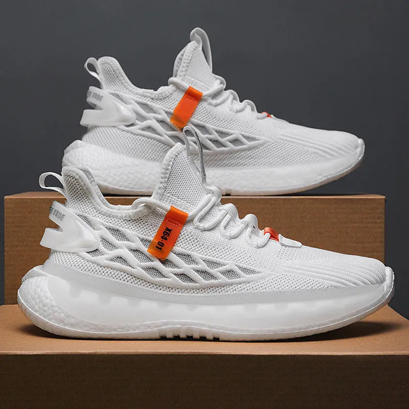 Men's white woven mesh platform sneakers with round toe and flat rubber sole on a plain background.