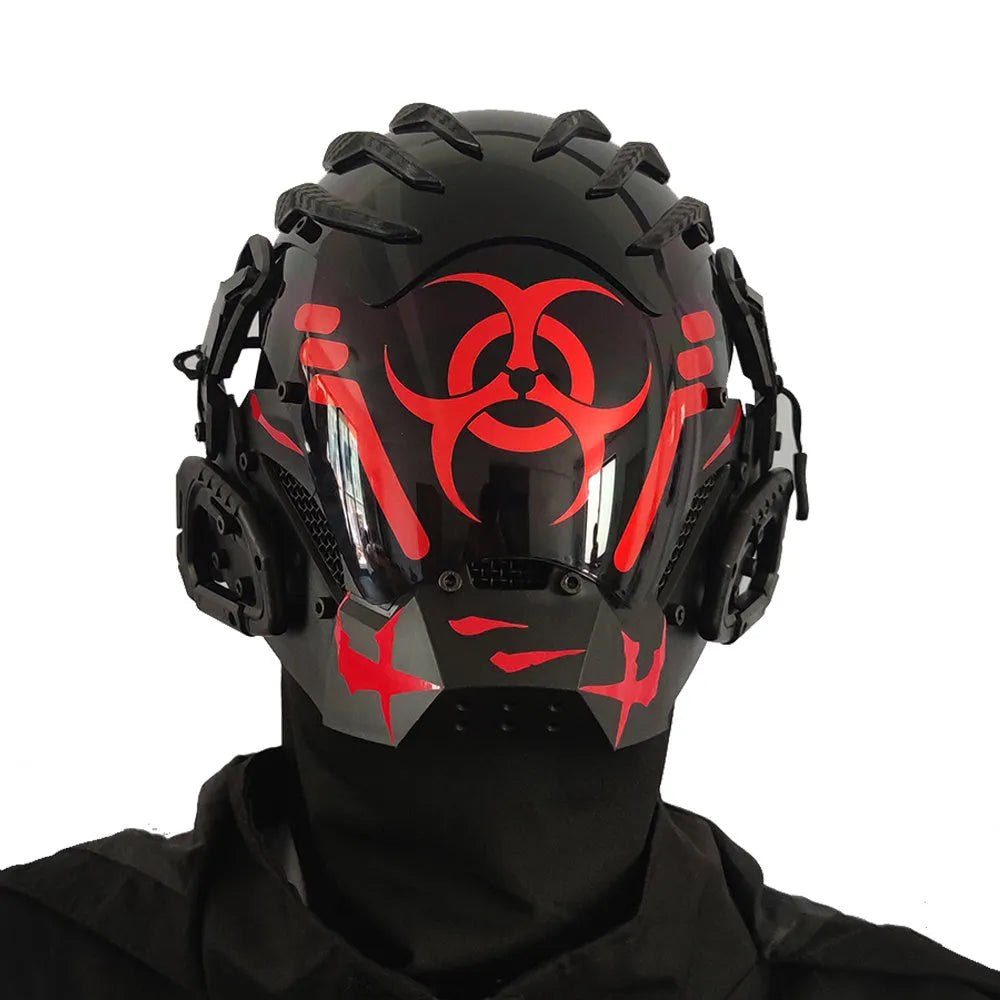 Black full face mask prop with bioweapon tech design and mechanical helmet styling for costume events