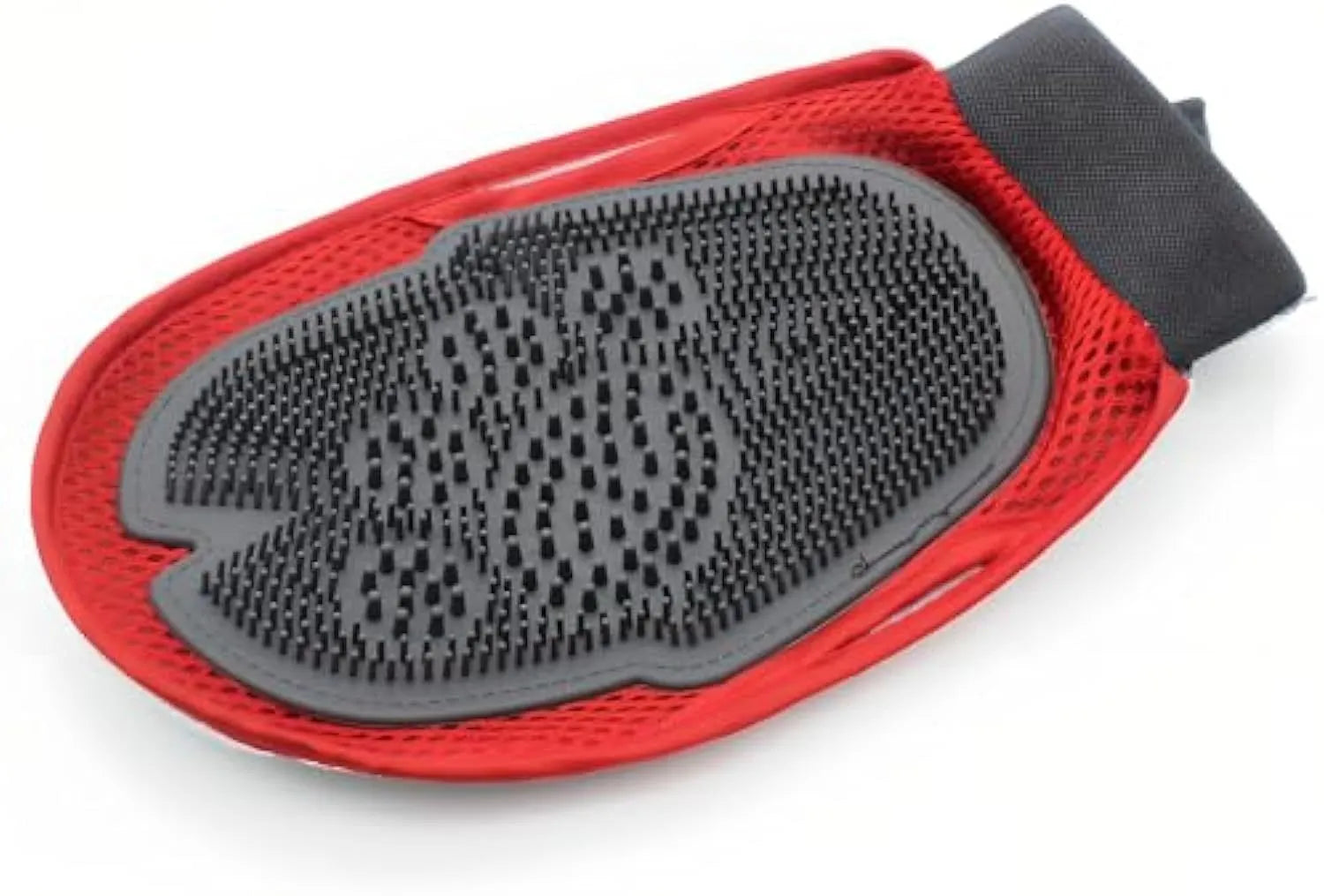 Red pet bathing glove with integrated cleaning brush bristles for dog and cat grooming