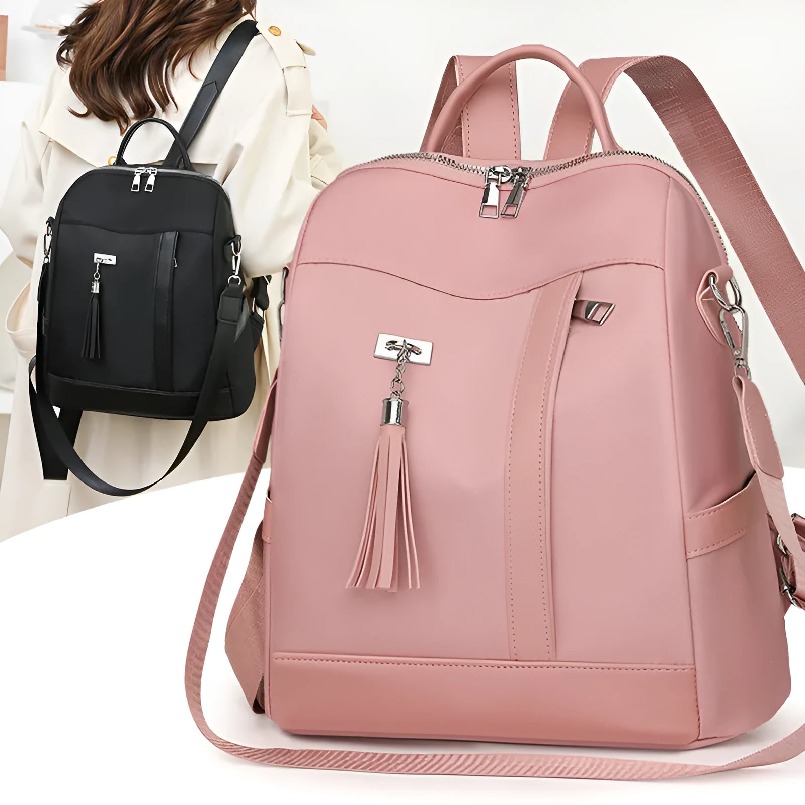 Soft black PU backpack with large main compartment and front organisational pockets
