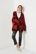 Loose fit printed check cardigan in polyester spandex blend, shown in available colour options