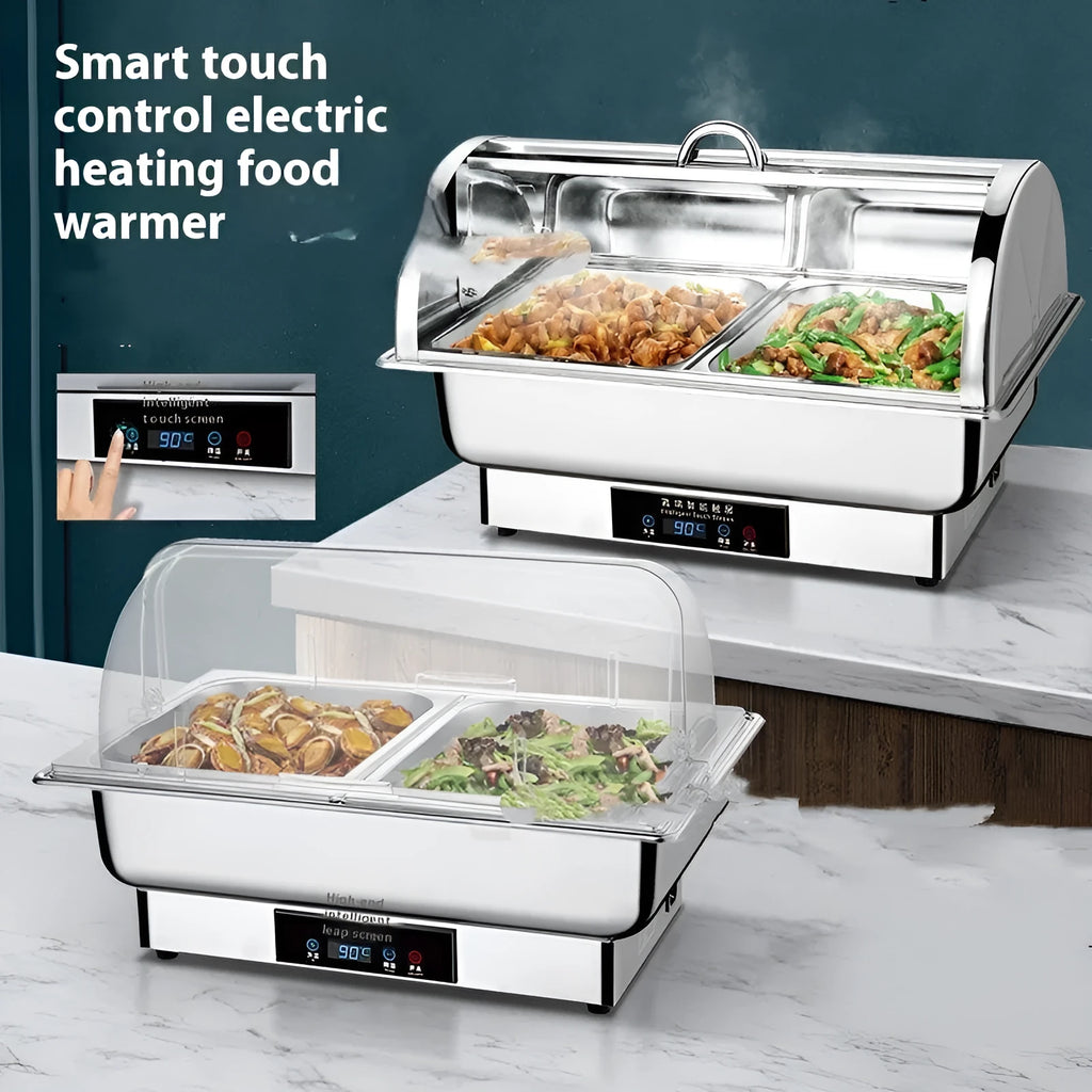 Stainless steel electric buffet stove with transparent flip lid showing food inside and LCD temperature control screen