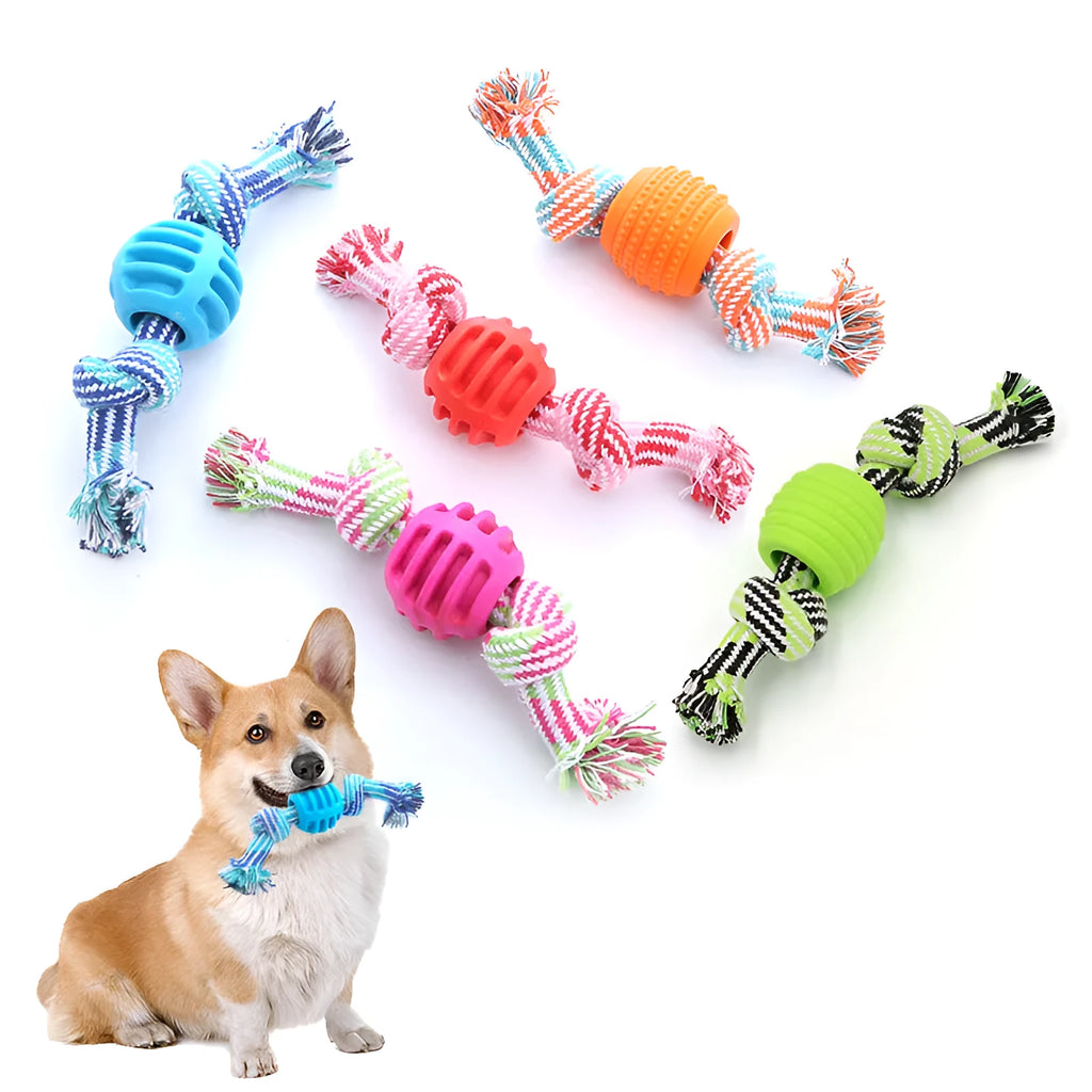 Dog bite-resistant teeth cleaning toy with double knot cotton cord and TPR ball in blue, orange, pink, red colours