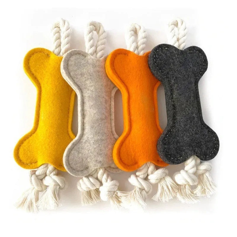 Bone-shaped dog chew toy with rope knot design in felt fabric, available in multiple colours