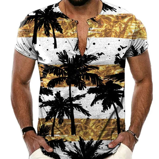 Men's blue short sleeve sports t-shirt with 3D printed graphic and lapel button detail