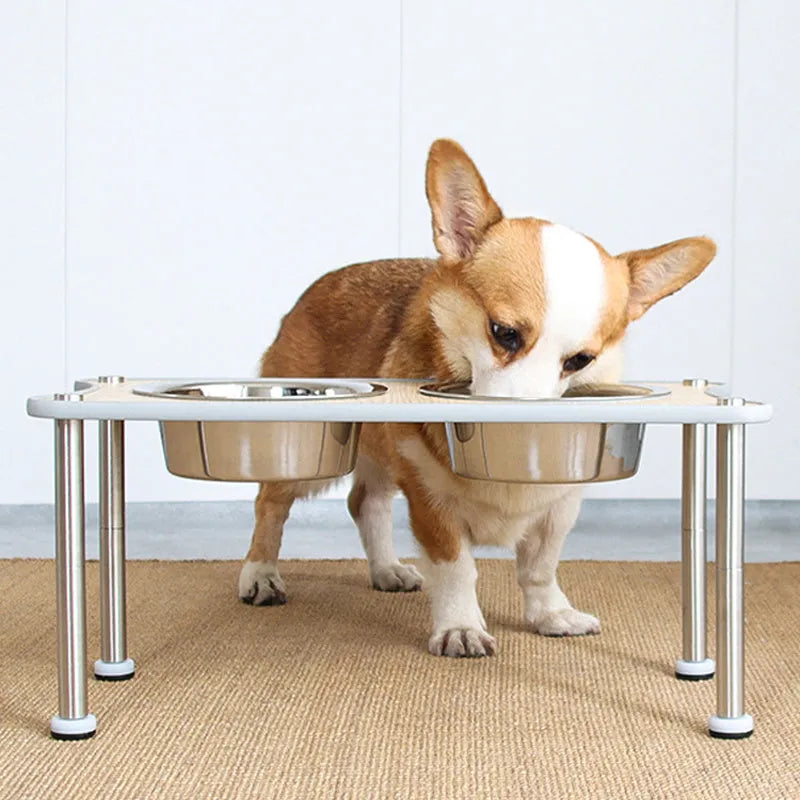 Adjustable height stainless steel dog food bowl rack with two bowls in black or silver, 400ml or 860ml