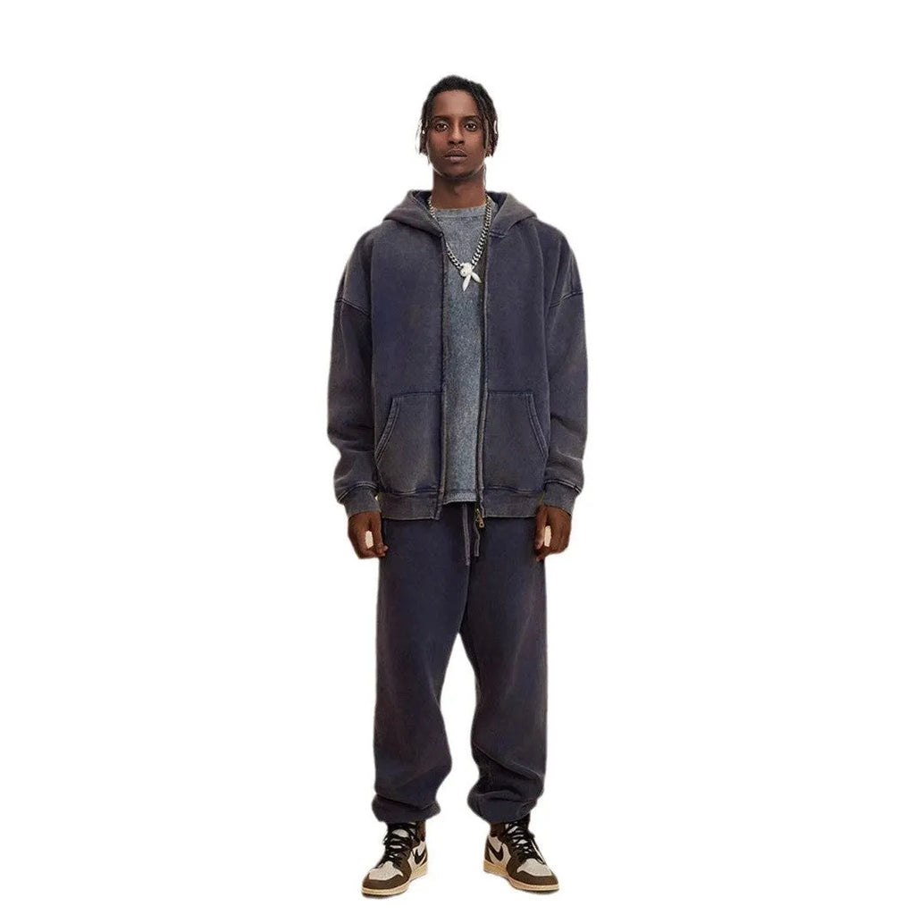 Men's vintage fleece-lined hooded cardigan with a double zipper front in a washed colour.