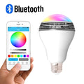 E27 smart LED bulb with Bluetooth speaker, showing white plastic body and multi-colour RGB light glow.