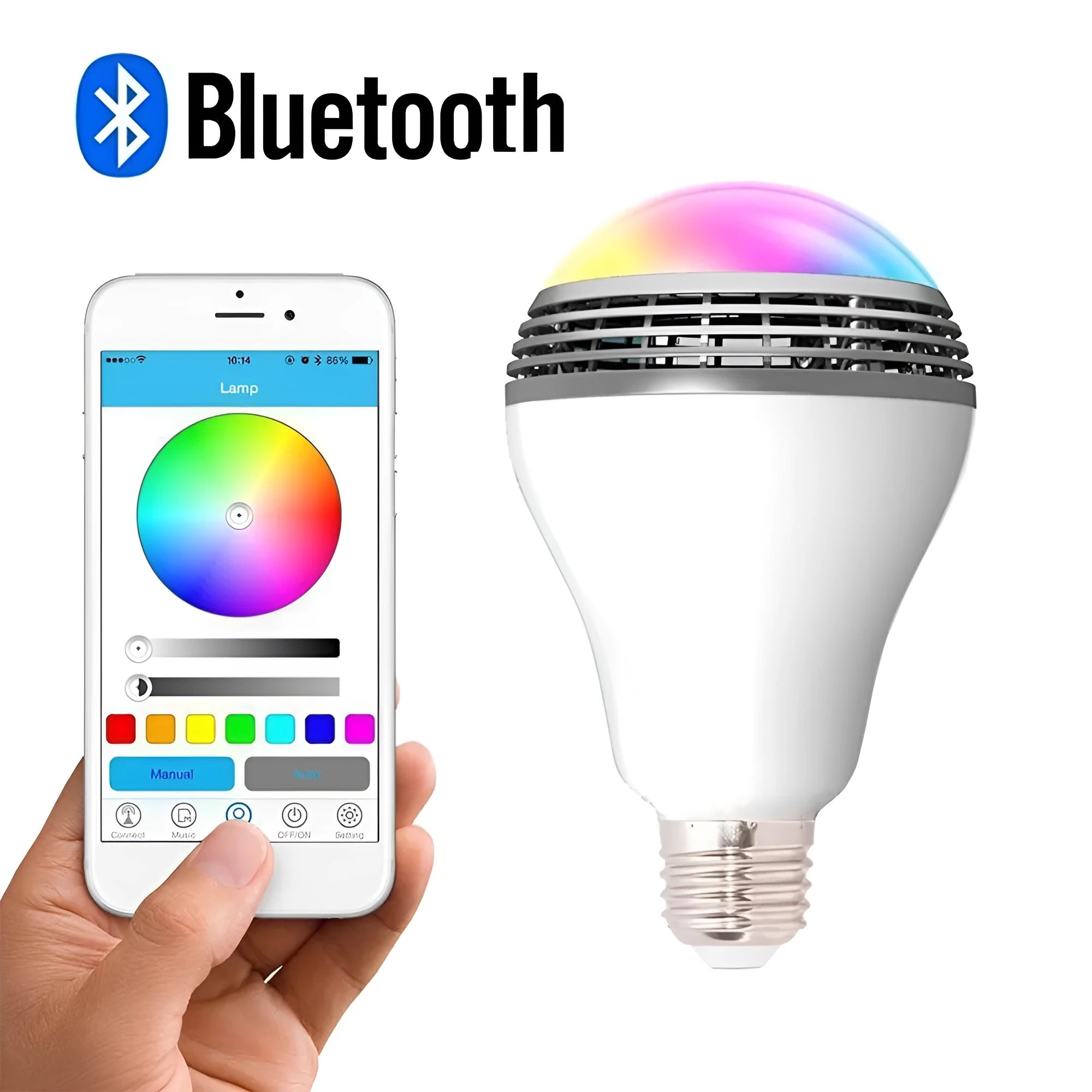 E27 smart LED bulb with Bluetooth speaker, showing white plastic body and multi-colour RGB light glow.