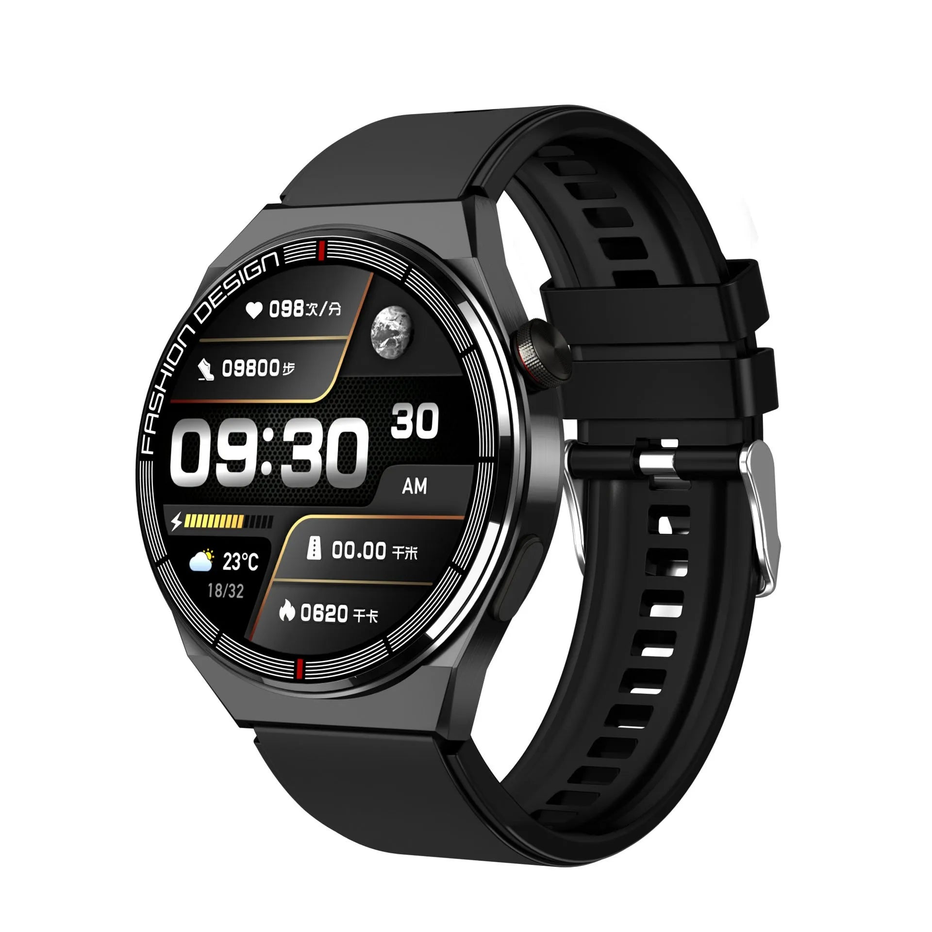 Black Bluetooth smartwatch with heart rate monitor on a silicone strap, showing its 1.28-inch touch screen.