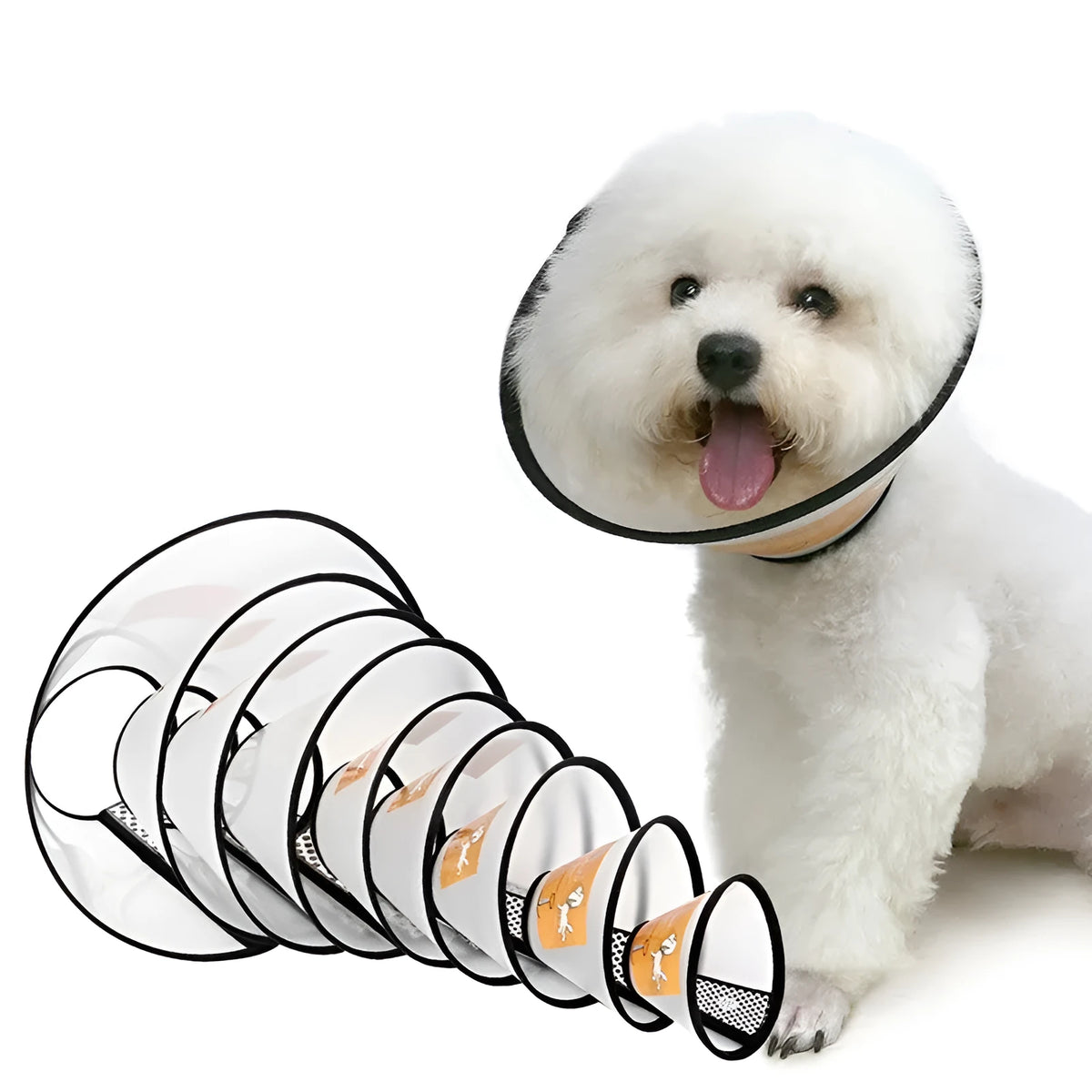 Transparent PP pet cleaning ring collar with adjustable Velcro, shown in size options for neck circumference 9-46cm.
