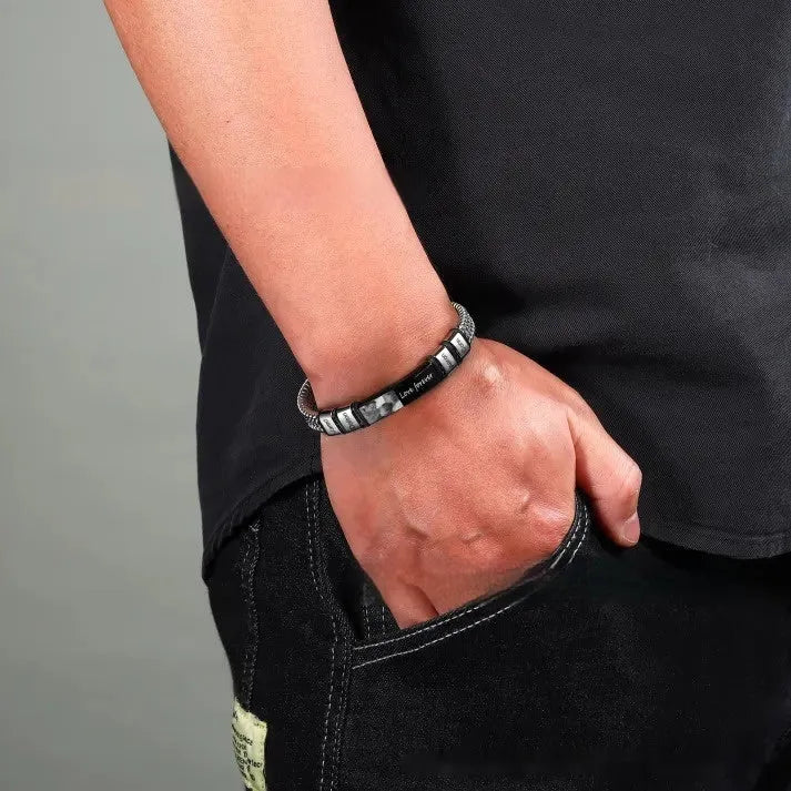 Men's titanium steel lettering bracelet with leather rope band and heart-shaped beads