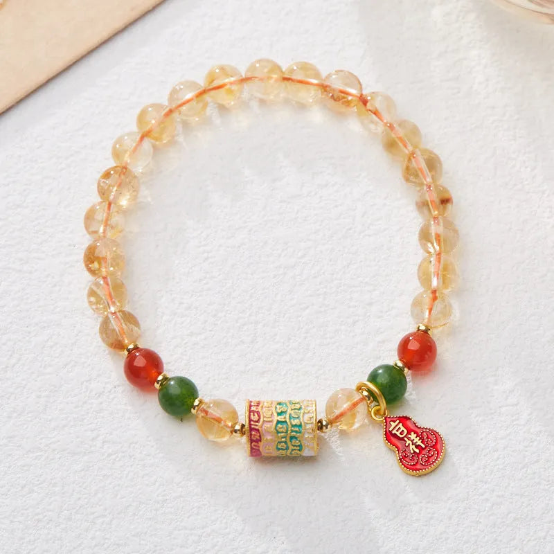 Hand-woven citrine five sutra crystal bracelet with 6mm beads and geometric pattern