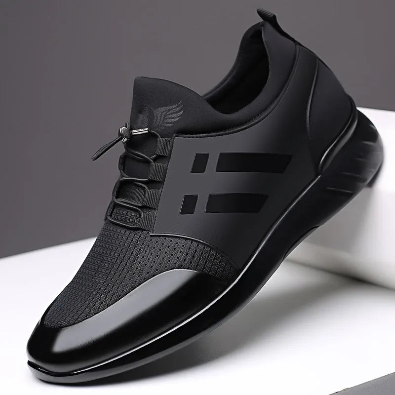 Men's black casual shoes with invisible height increase, available in leather, Lycra, and mesh uppers.