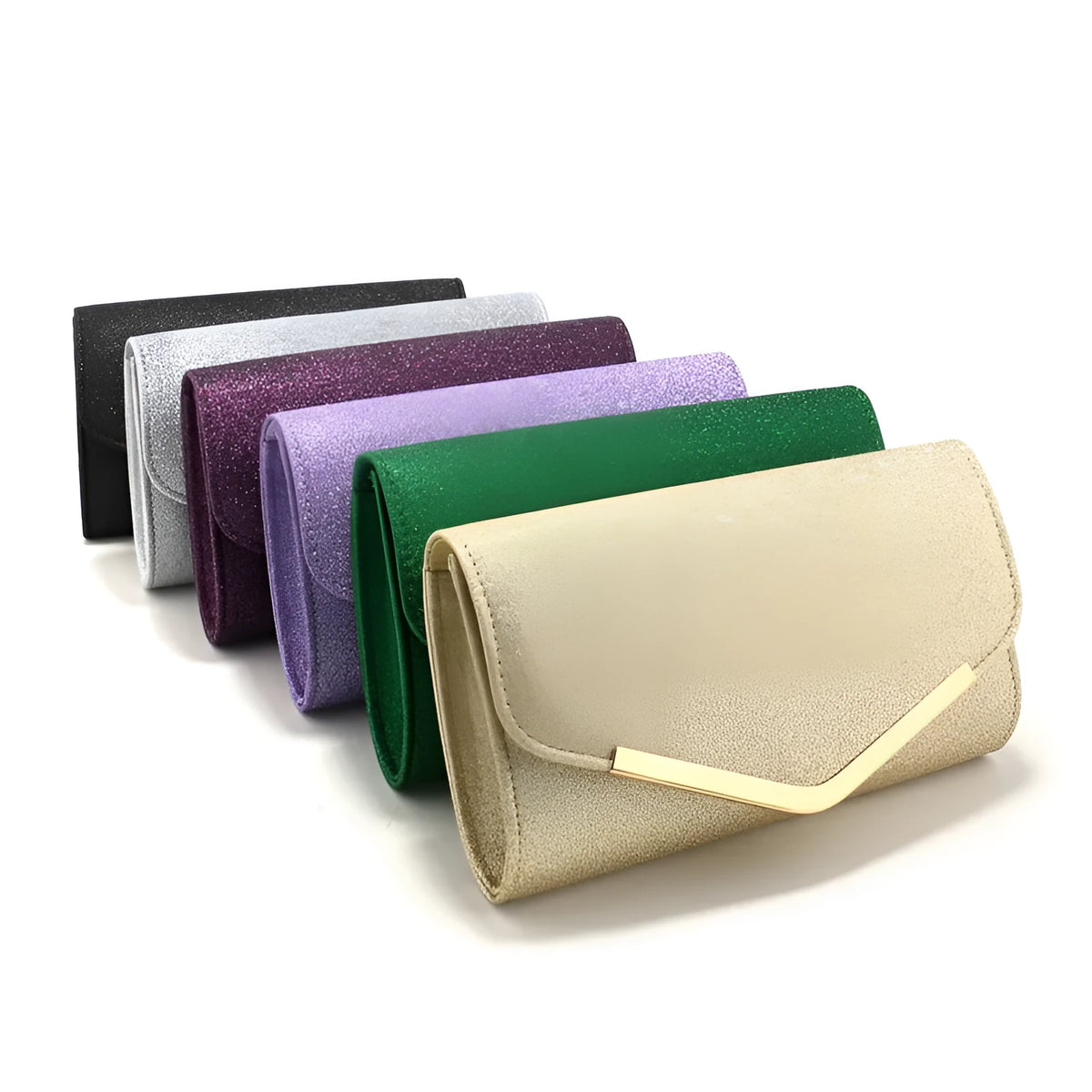 Frosted sequins dinner bag with high-grade metal decoration, horizontal square shape, available in six colours.