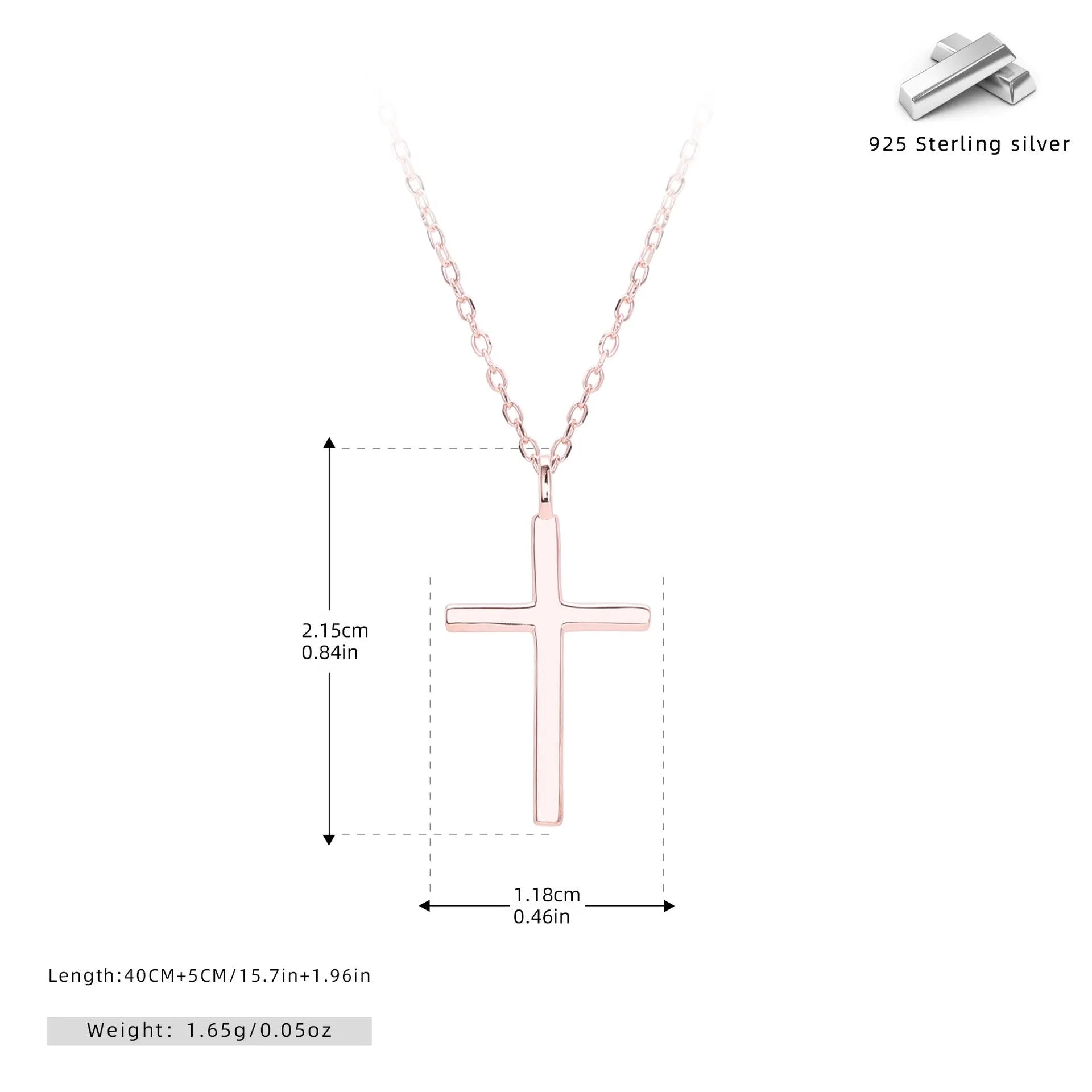 Sterling silver cross pendant necklace on O-shaped chain with gold, platinum, and rose gold plating options