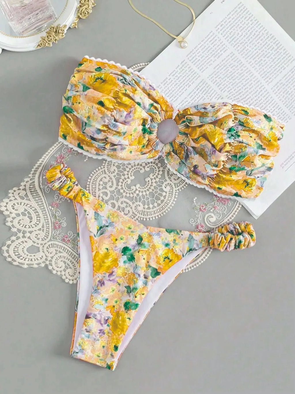 Floral print bikini set with tube top and briefs in European swimwear style