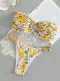 Floral print bikini set with tube top and briefs in European swimwear style