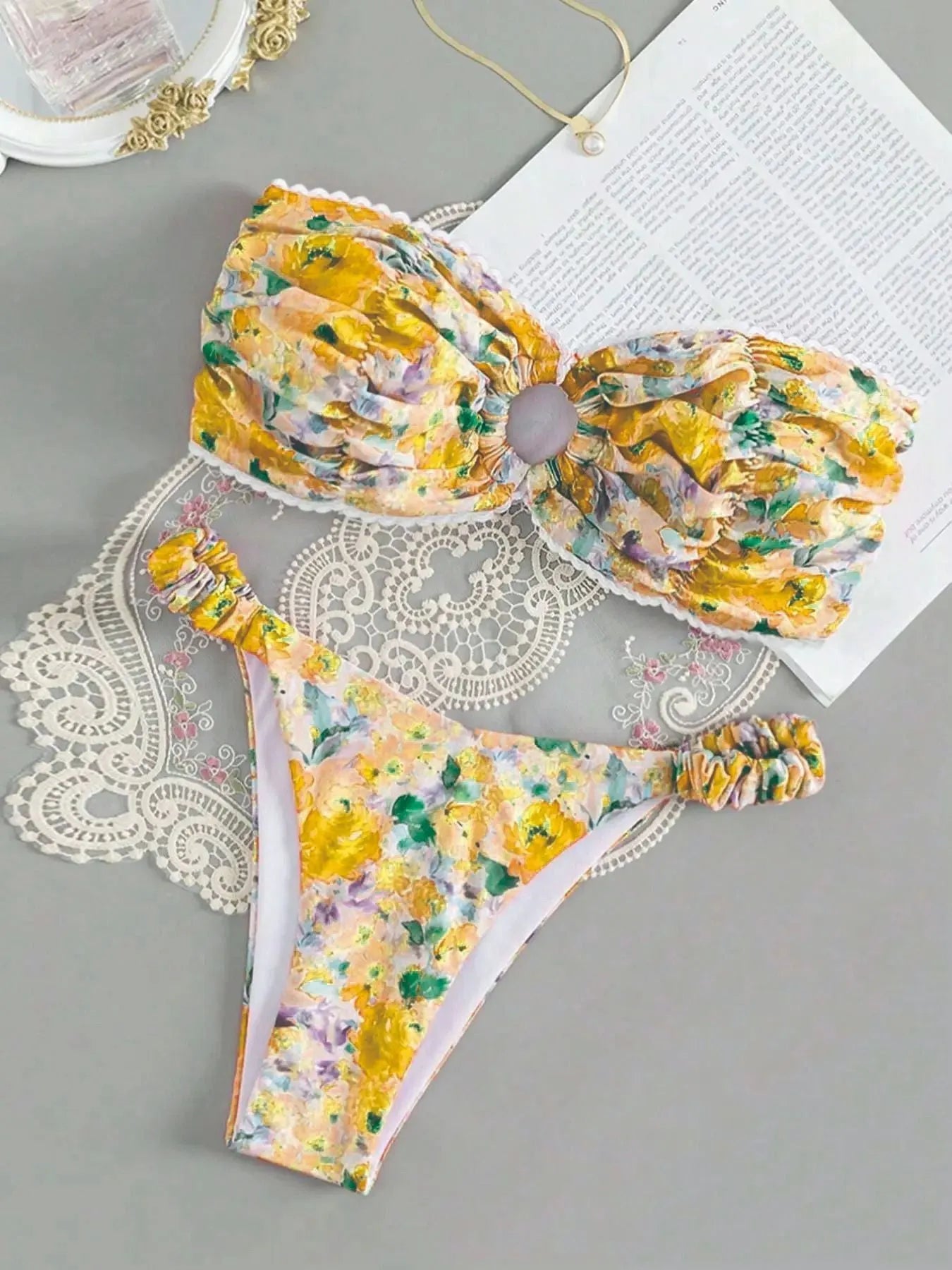 Floral print bikini set with tube top and briefs in European swimwear style