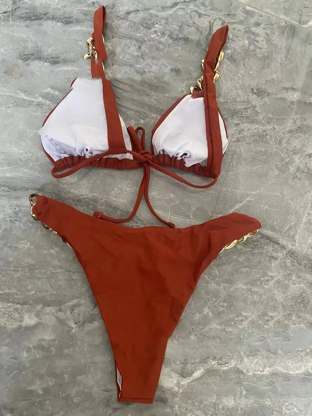 Brown women's push-up bikini swimsuit with ring tether tube top and split design