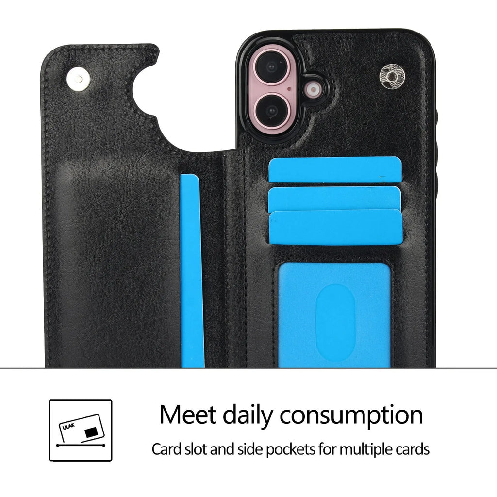 Anti-fall imitation leather phone case with bracket for Apple iPhone in black