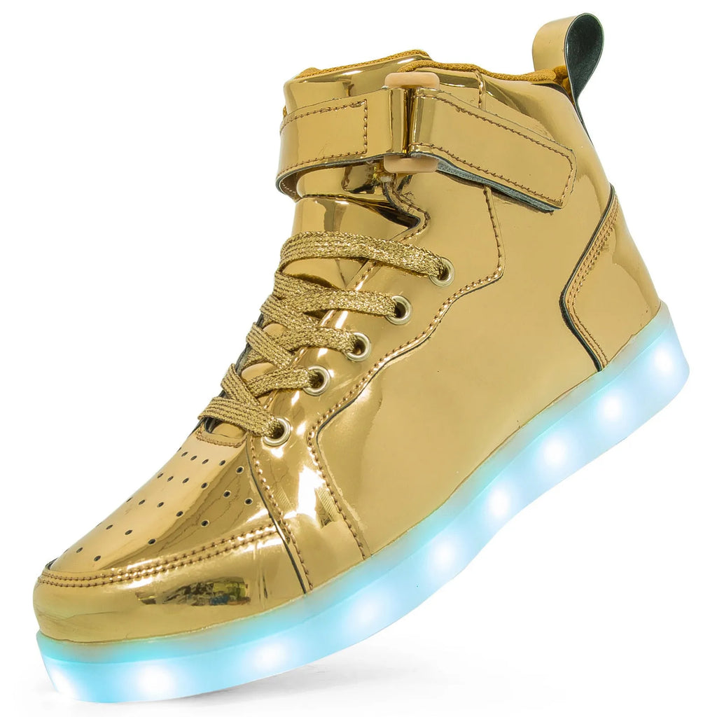 Adult unisex black LED high-top shoes with velcro strap and glowing sole lights.