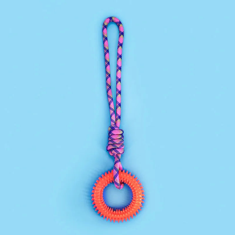 43cm colourful braided rope dog toy with knot sections for chewing and teeth cleaning
